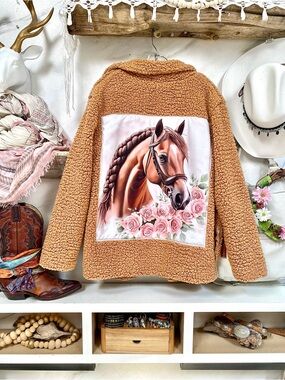 Rare HORSE/rose floral upcycled equestrian cottagecore Sherpa Teddy jacket